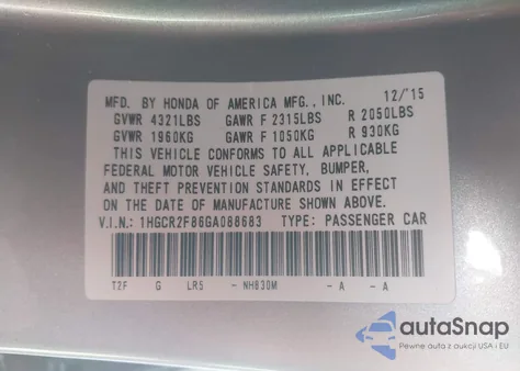2016 Honda Accord Ex-L z USA, uszkodzony, nr VIN 1HGCR2F86GA088683